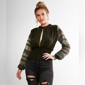 Women's Olive Green Embroidered Knit Keyhole Blouse Smock Waistband Size L #3047